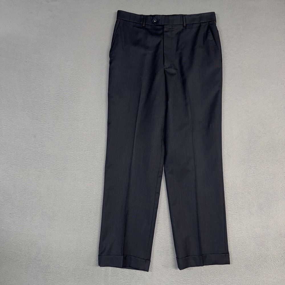 Jos A Bank Traveler Pants Mens 33x30 Blue Black Straight Flat Front 100% Wool